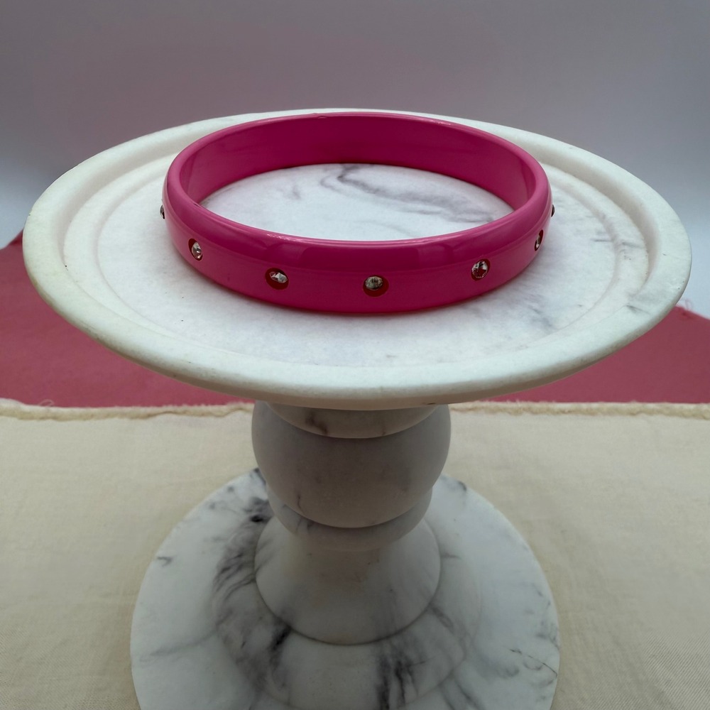 Hot Pink Enamel Bangle Bracelet with Inset Clear Rhinestones Fashion Jewelry